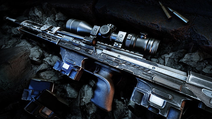 black assault rifle, weapons, guns, cartridges, sniper rifle