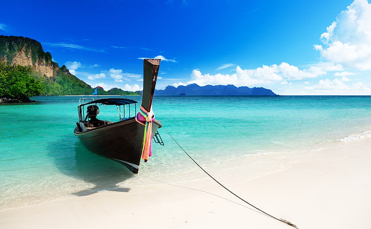 Thailand HD Wallpaper, black wooden boat, Asia, sea, water, sky