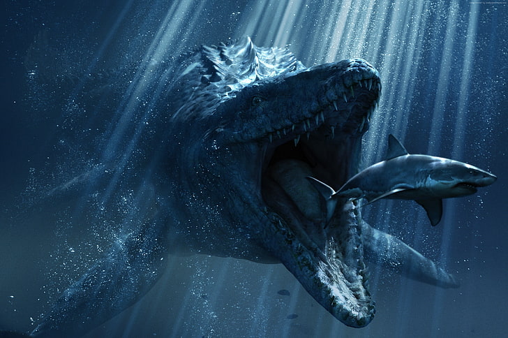 dinosaur, movie, Best Movies of 2015, Jurassic World, shark, HD wallpaper