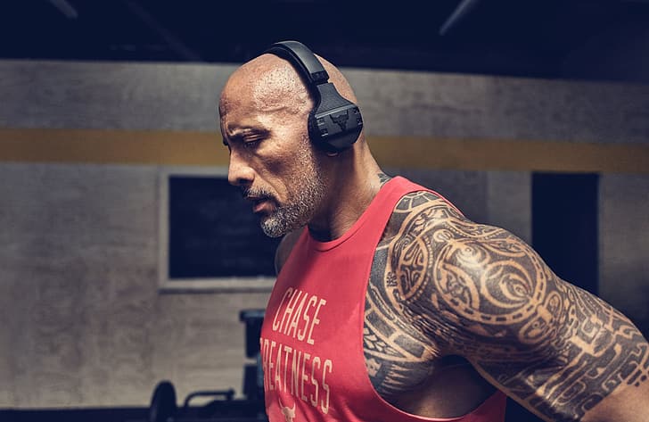 look, pose, headphones, tattoo, actor, muscle, wrestler, Dwayne Johnson, HD wallpaper