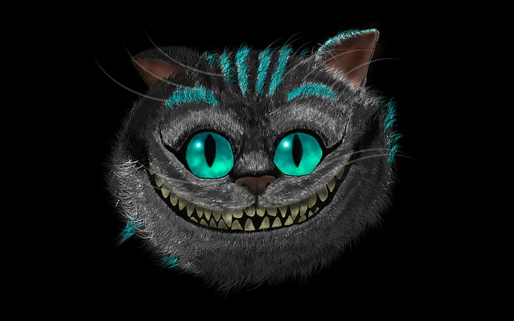 Cheirshire cat illustration, face, smile, the dark background
