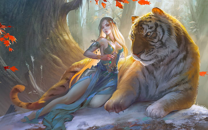 artwork, fantasy art, fantasy girl, women, animals, tiger, big cats, HD wallpaper