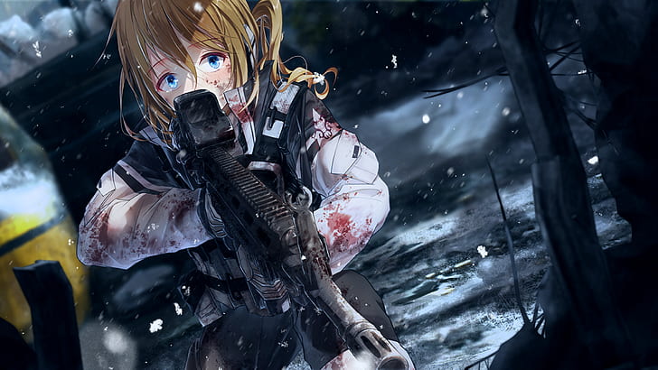 HD wallpaper: gun, girls with guns, anime girls, blood, weapon, blue eyes |  Wallpaper Flare