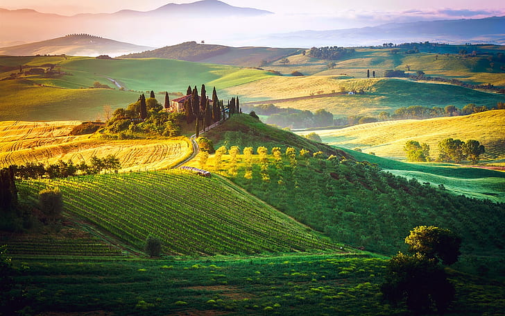 Italy, Tuscany, fog, sky, fields, house, manor, HD wallpaper