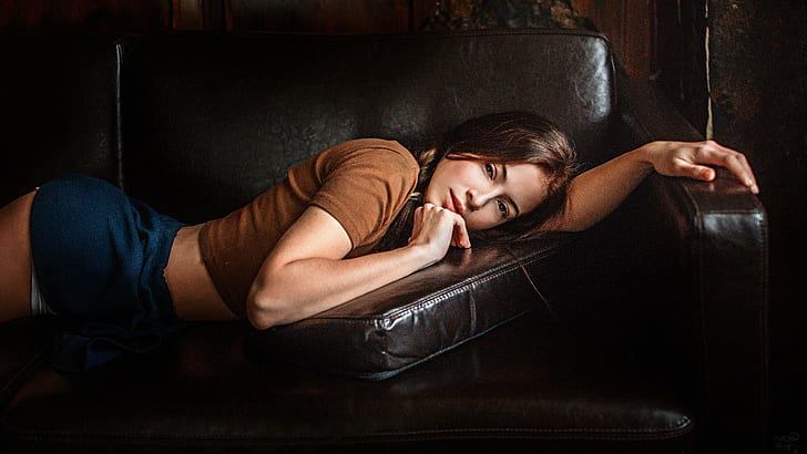 women brunette lying on front skirt ass noisy couch georgy chernyadyev, HD wallpaper