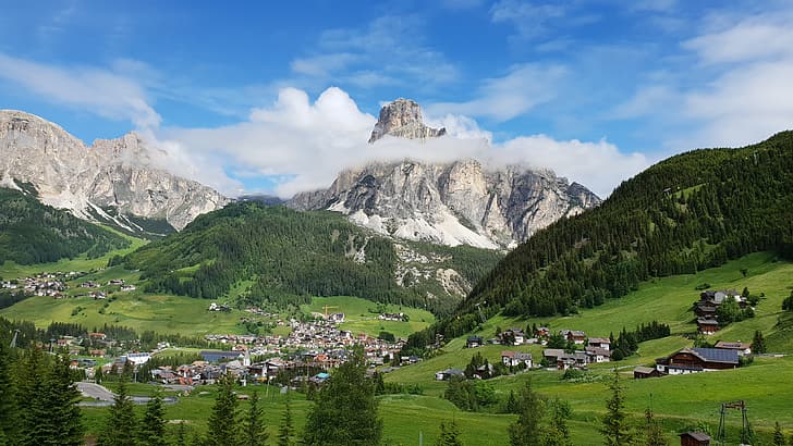 Italy, View, Mountains in Background, Dolomite Alps, Campolongo, HD wallpaper
