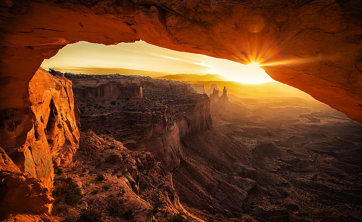 Canyonlands Cave Sunset, brown canyon, Nature, Desert, rock formation