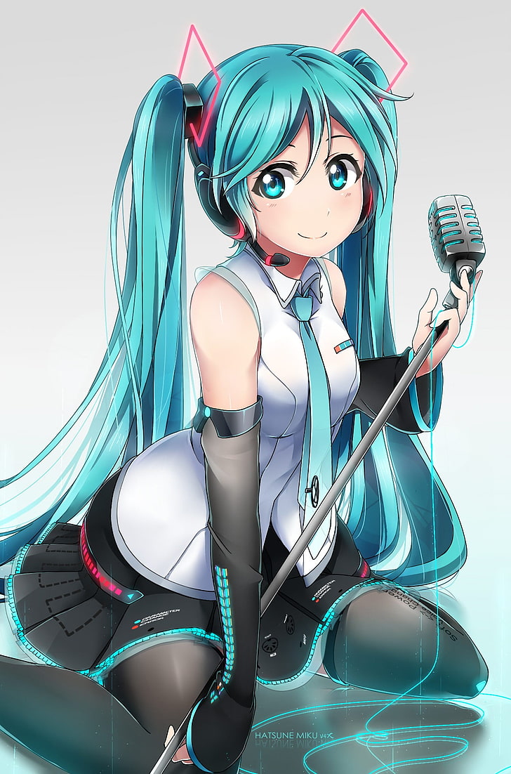 teal haired woman holding microphone, anime, anime girls, Vocaloid