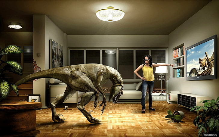 t-rex 3D wallpaper, dinosaurs, room, TV