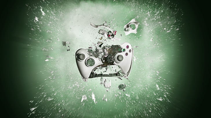 Playstation gamepad smashing into pieces, creative pictures, white xbox controller