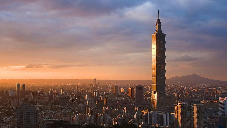 Asia, Taipei 101, architecture, building, modern, sunset, city, HD wallpaper