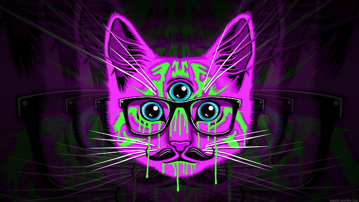 purple cat digital art, psychedelic, glasses, mustache, creativity, HD wallpaper