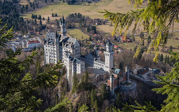 Neuschwanstein, castle, trees, Bavaria, Germany