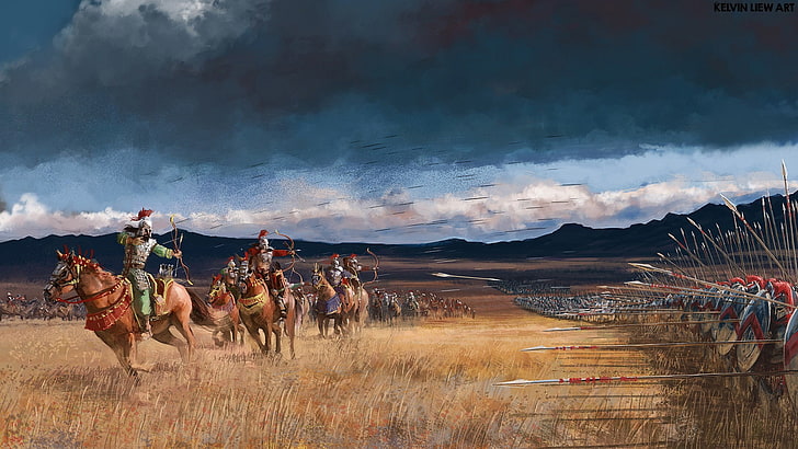 soldiers painting, war horse, archer, spear, battle, domestic animals, HD wallpaper