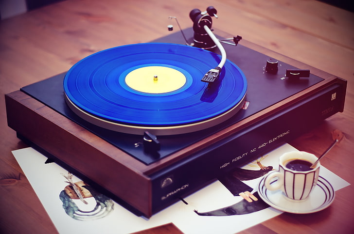 black, brown, and blue vinyl record player, vintage, coffee, music