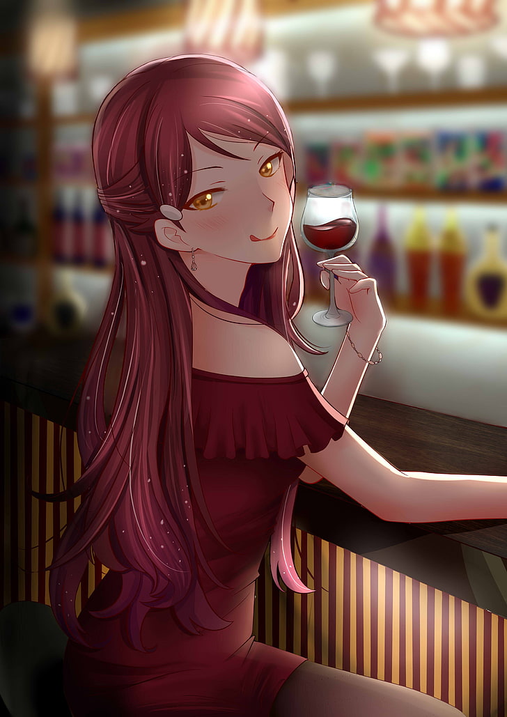 girl anime character wearing red dress holding wine glass illustration, HD wallpaper