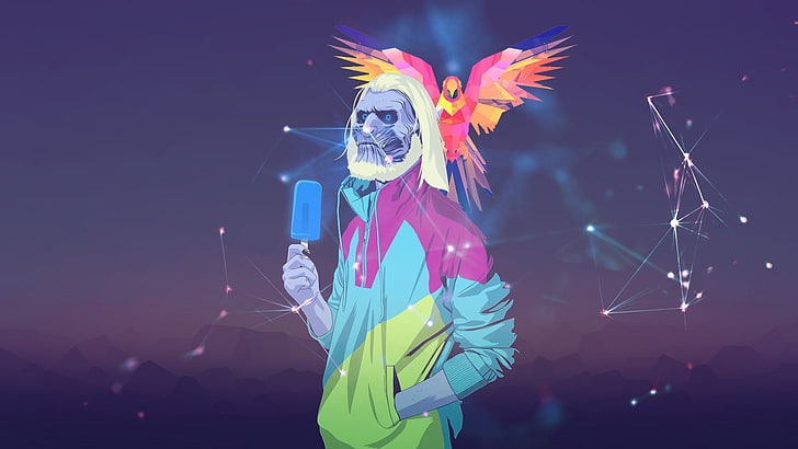 man in jacket holding popsicle illustration, death, parrot, colorful, HD wallpaper