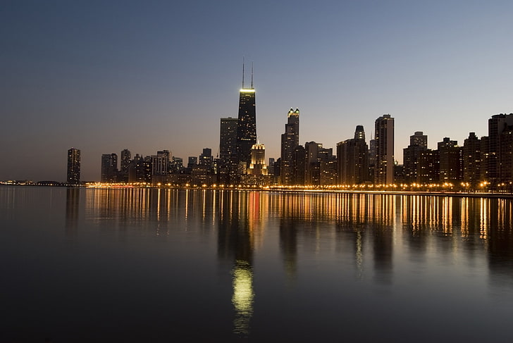 city, Chicago, city lights, reflection, architecture, building exterior, HD wallpaper
