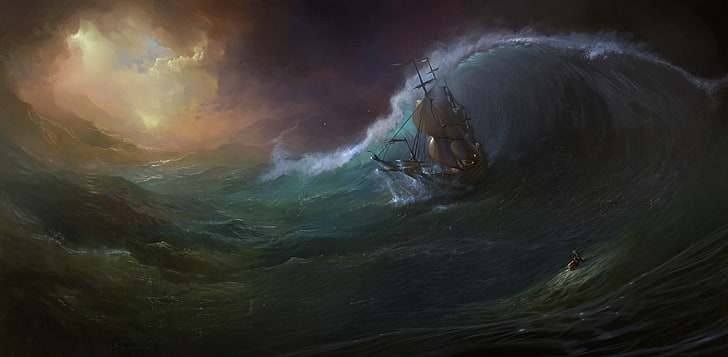 pirate ship sailing painting, sea, wave, storm, people, water