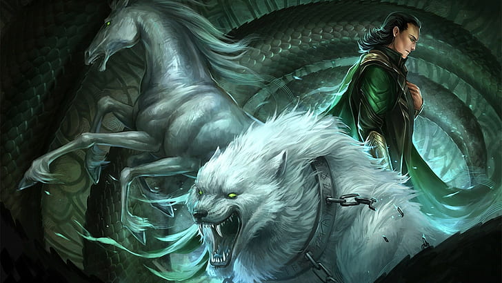 horse, wolf, fantasy art, Loki