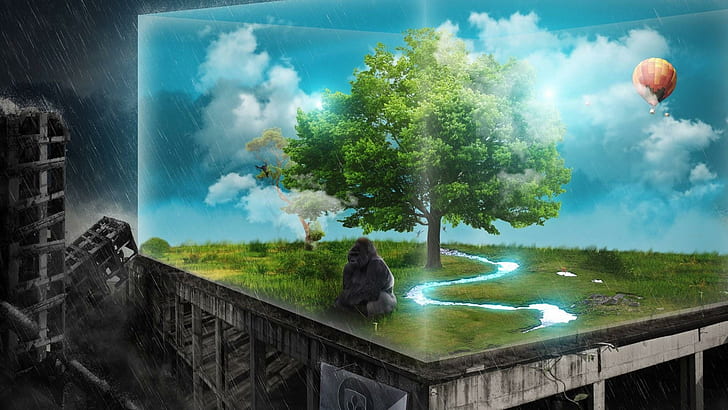 hot air balloon, sky, water, tree, hope, rain, visual effects, HD wallpaper
