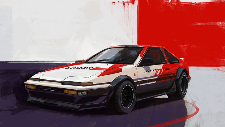 Initial D, car, concept art, Toyota AE86, purple, red, front angle view