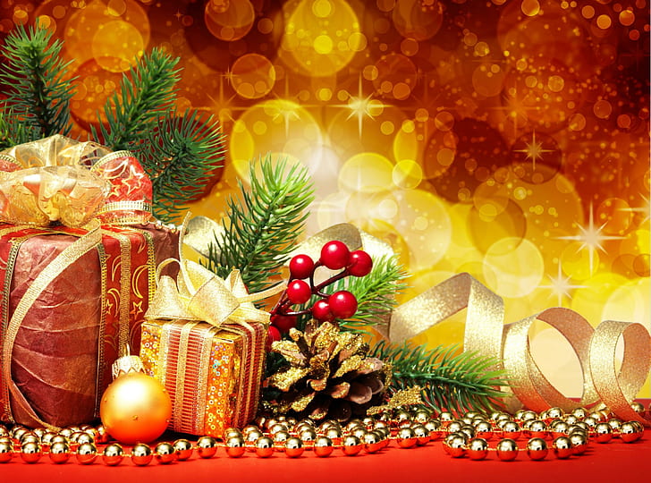 new year, christmas, holiday, needles, cone, gifts, christmas decorations, jewelry, HD wallpaper