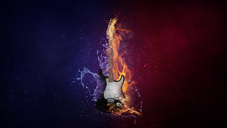 5k uhd, darkness, guitar, flame, instrument, sky, heat, fire