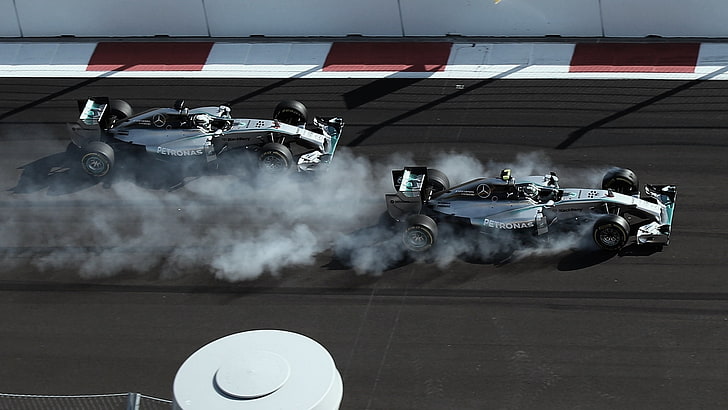 two gray f1 cars, Mercedes, Formula 1, AMG, Lewis Hamilton, Nico, HD wallpaper