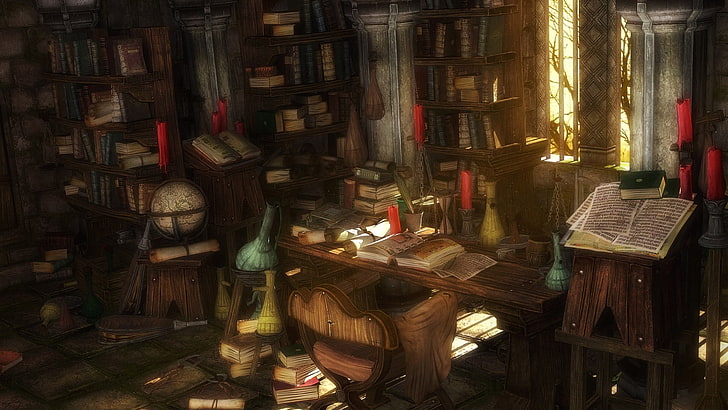 brown wooden desk with books near window digital wallpaper, library