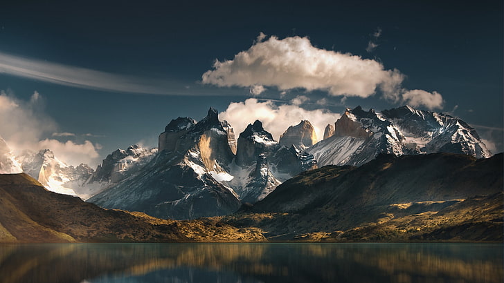 lake, rock formation, peak, chille, national park, patagonia