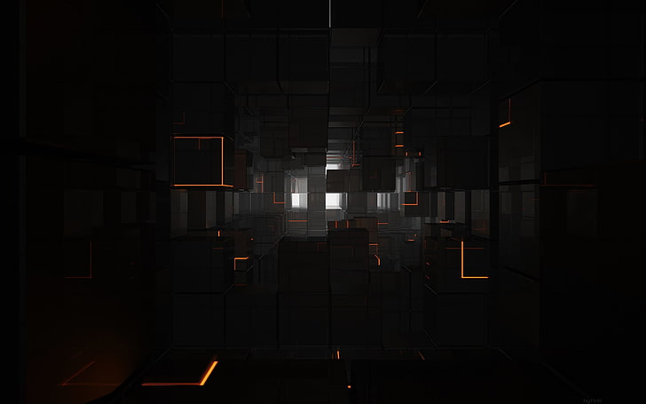 cube, black, orange, white, shiny, reflection, 3D, digital art