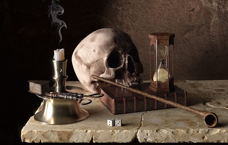 time, skull, candle, tube, art, bones, book, hourglass, Memento Mori