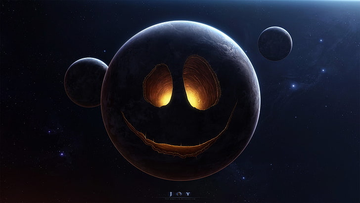 black and gray planet with eyes and mouth, smiling, spacescapes