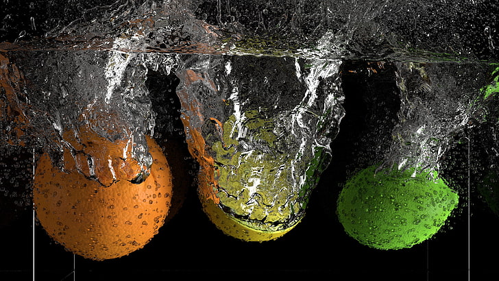 three assorted-color fruits, water, liquid, lemons, orange, close-up