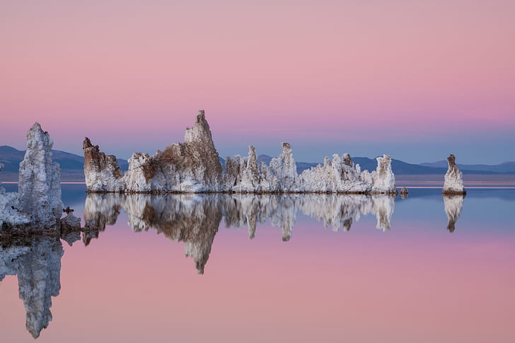white and brown rock formation in the middle of ocean view in panoramic photography, mono lake, mono lake