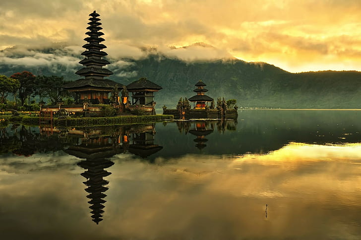 water, mist, sunrise, reflection, trees, lake, Bali, morning, HD wallpaper