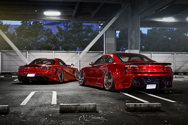 red Nissan Silvia S15 coupe and red Mazda RX-7 coupe, car, tuning HD wallpaper