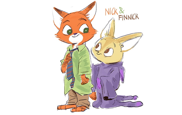 Nick & Finnick painting, Zootopia, simple background, Nick Wilde