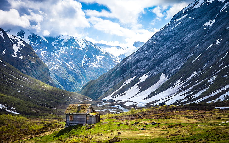Mountains, 4K, Cottage, Geiranger, Norway, Summer