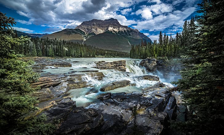 forest, mountains, river, waterfall, Canada, Albert, Alberta, HD wallpaper