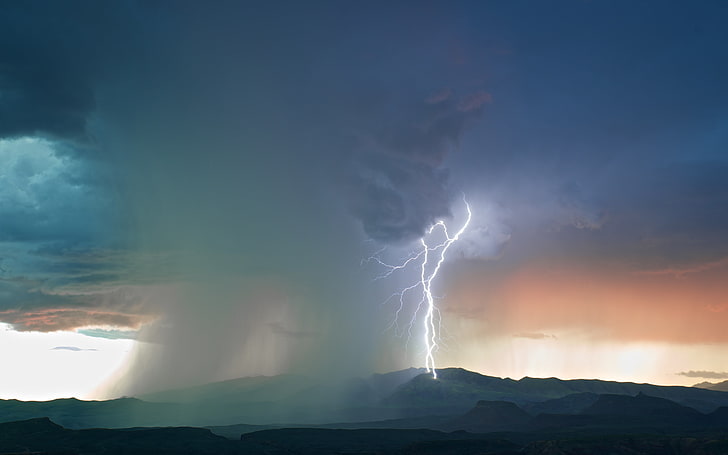 mountain ranges, landscape, lightning, storm, rain, hills, power in nature