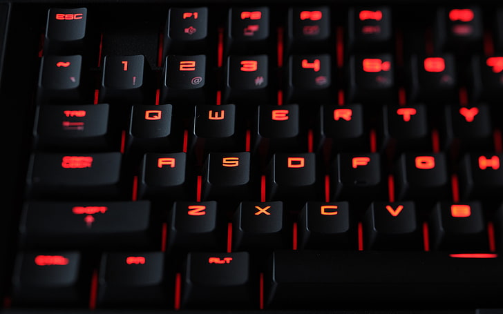 black computer keyboard, black and red LED computer keyboard