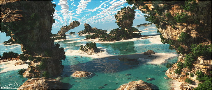 sea stacks, beach, 3D, render, nature, digital art, water, beauty in nature