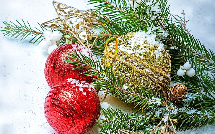 three red and gold baubles, New Year, snow, Christmas ornaments, HD wallpaper