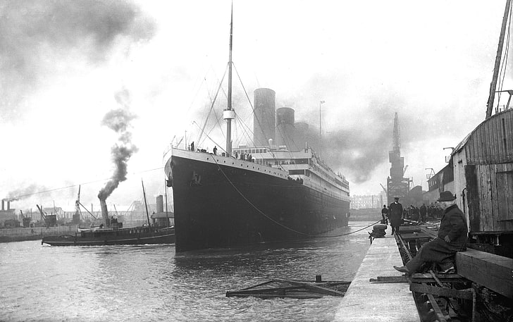Titanic grayscale photo, retro, Wallpaper, ship, Marina, port