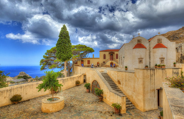 sea, clouds, coast, Greece, the monastery, Crete, Preveli, Moni Preveli, HD wallpaper