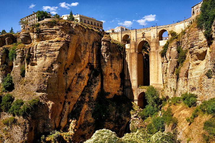 Ronda, Andalusia, Spain, sky, mountains, rocks, houses, aqueduct, HD wallpaper