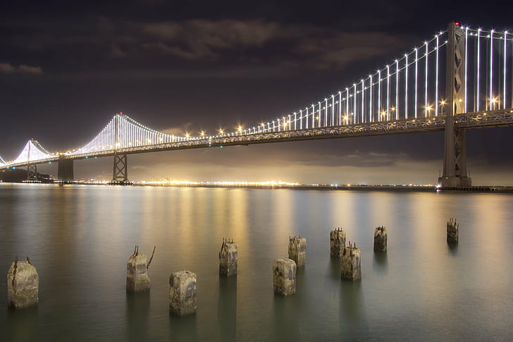 golden state bridge, Bay bridge, by Night, suspension  bridge, HD wallpaper