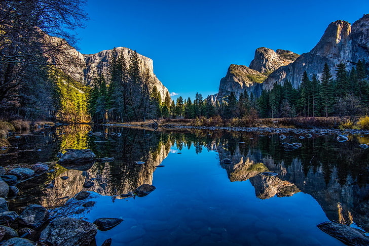 river and mountain view under blue sky during daytime, Yosemite National Park, HD wallpaper